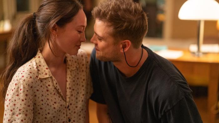 Tuner movie: Havana Rose Liu and Leo Woodall lean in for a kiss in a living room