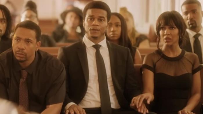 Tyler Perry's Divorce in the Black movie: Meagan Good and Cory Hardrict are at a funeral