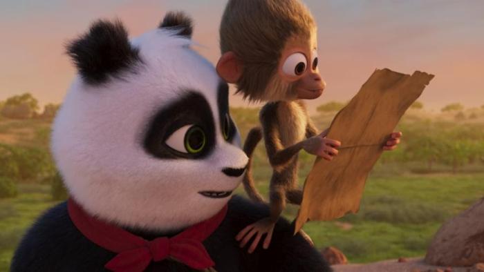 Panda Bear in Africa: An animated panda bear looked at a monkey on his shoulder reading a piece of paper