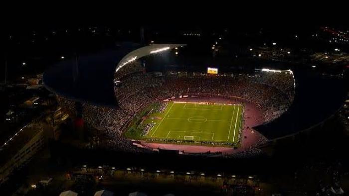 Untold UK -- Liverpool's Miracle of Istanbul: Aerial shot of soccer stadium at night