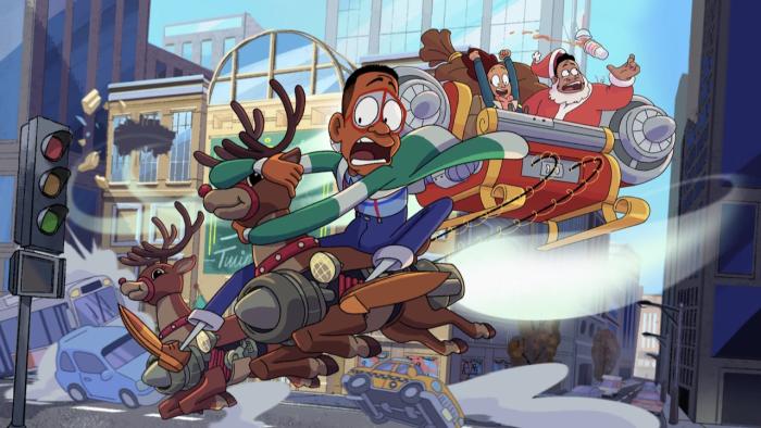  Urkel Saves Santa: Three animated characters with surprised looks on their faces ride in a jet-engine powered sleigh. 
