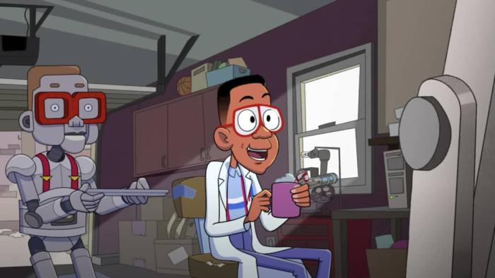  Urkel Saves Santa: A Black boy wearing glasses is Steve Urkel, he sits with a mug in his hand and a smile on his face with a robotic version of him s