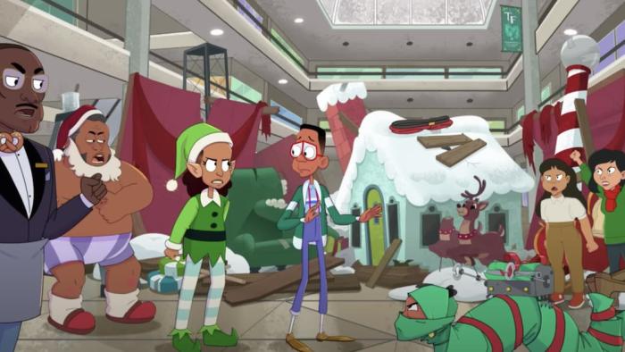  Urkel Saves Santa: Animated picture of people angrily looking at a sorrowful boy who is surrounded by some Christmas destruction