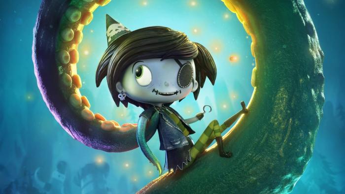Scarygirl: A young human-octopus girl with an eyepatch sits on a tentacle