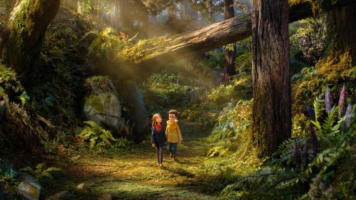 Wildwood movie: Two kids walk in a sunlit, lush forest with tall trees and a fallen log