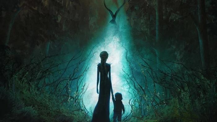 Wildwood movie: Silhouettes of a tall figure and child in a mystical, glowing forest