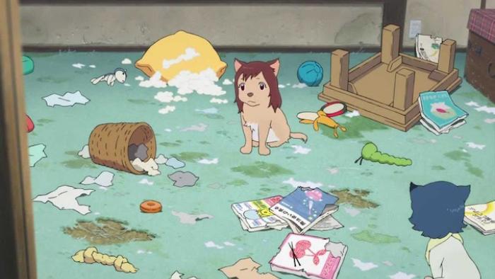Wolf Children Movie: Two half-wolf children sit in a messy room