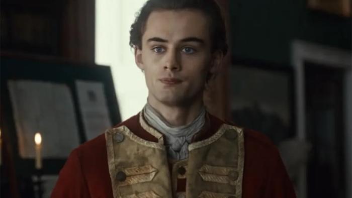 Young Washington movie: Headshot of George Washington (William Franklyn-Miller) in a red coat