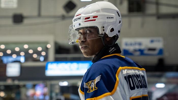 Youngblood movie: Ashton James on the hockey rink, looking to the side