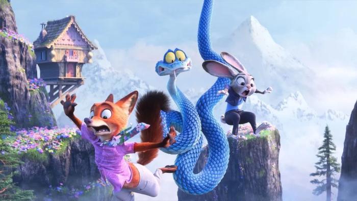 Zootopia 2 movie: Nick, Judy, and a large blue snake appear to be falling in a mountainous landscape