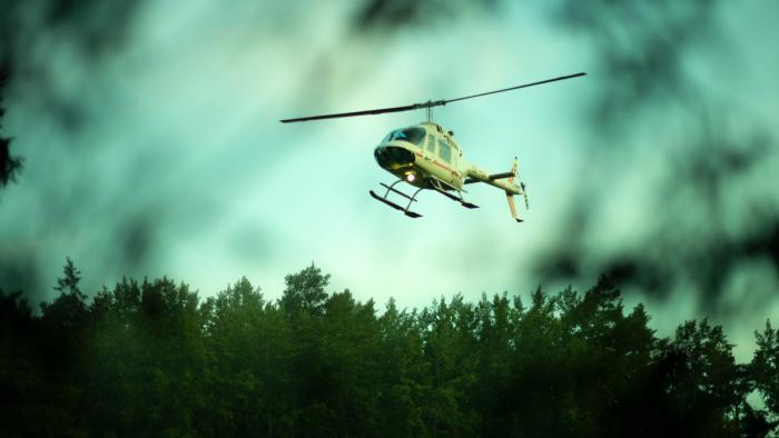 Helicopter Heist TV show screenshot 2: A green cast over a sky shot with blurred branches in the foreground, trees in the background and a helicopter