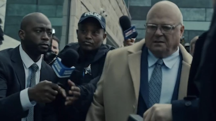 Accused TV show screenshot 1: Mark Harmon (Micheal Chiklis) arrives at court amidst reporters.