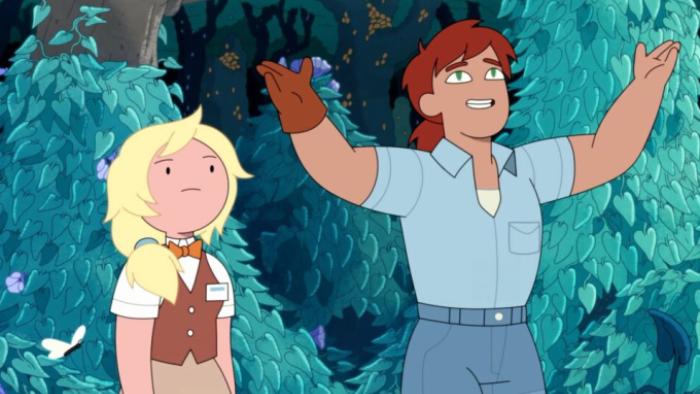 Adventure Time: Fionna & Cake: Fionna, dressed in her brown tour guide uniform, looks dubiously at a park ranger as she lifts her arms in rapture. The two are in a wooded glen. 