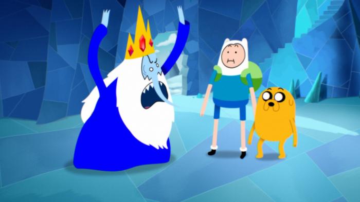Adventure Time: Side Quests TV show screenshot 2: The Ice King rages with his arms upheld as Finn and Jake stare at him blankly