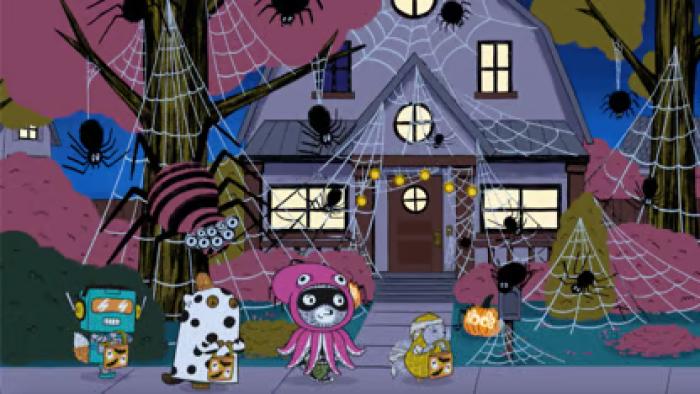 A Fuzzytown Halloween TV: Carl and his friends are out at night in costumes, trick or treating in front of a house decorated with spiders and webs.