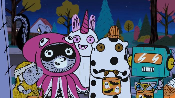 A Fuzzytown Halloween TV: Forrest, Carl, Arugula, Sheldon and Lotta all dressed in their Halloween costumes.