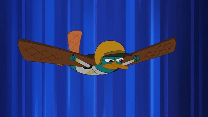 Agent P Under C TV: Perry, the platypus, wears a helmet and glides against a blue striped background.