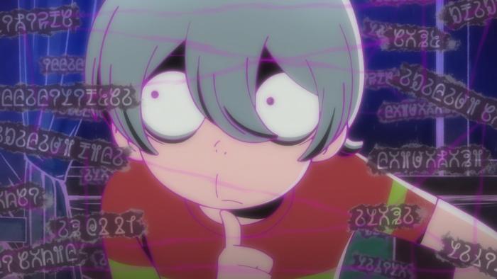 Akuma Kun: Akuma-kun thinks deeply while words in a demon language float around his head.