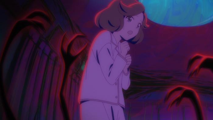 Akuma Kun: Four black ghostly claws reach up from the floor to grab a frightened young woman.
