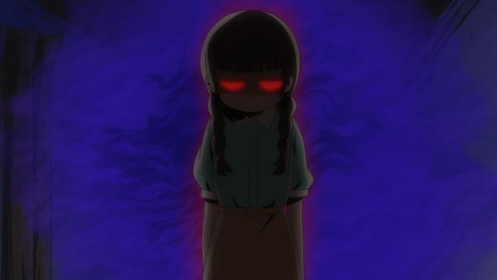 Akuma Kun: A shadowy figure of a young woman with glowing red eyes is surrounded by an ominous purple glow.