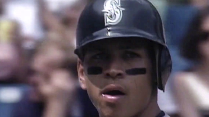 Alex vs ARod TV show screenshot 2: A young Alex Rodriguez in Seattle Mariners batting helmet.