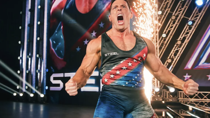 American Gladiators (2026) screenshot 2: Gladiator Steel roars as he walks out on stage.