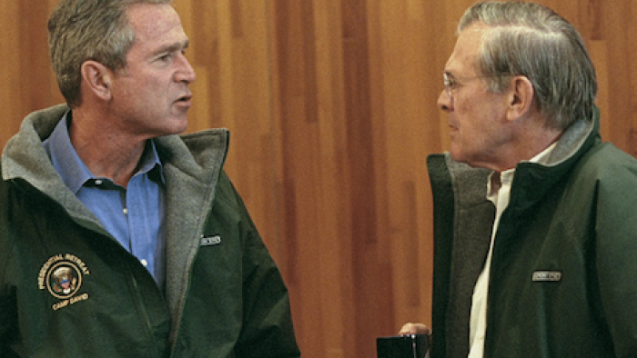 American Manhunt: Osama bin Laden TV show screenshot 1: President George Bush talks to Secretary of Defense Donald Rumsfeld.  