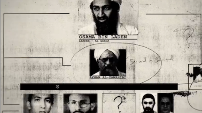 American Manhunt: Osama bin Laden TV show screenshot 2: Diagram with images of Osama bin Laden and other al-Qaeda operatives. 