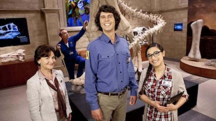 Andy’s Prehistoric Adventures TV Series: Mrs. Pickles, the Janitor, Andy, and Jen. 