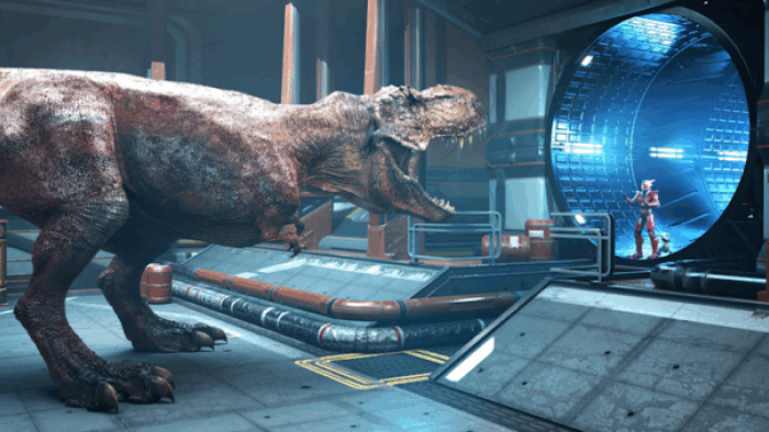 Armorsaurs TV Show: a T.rex roars at a human in a armor suit