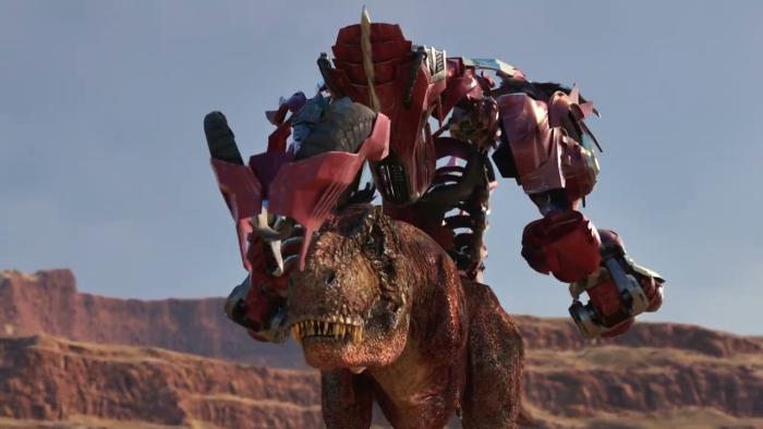 Armorsaurs TV Show: armor flies onto a T.rex