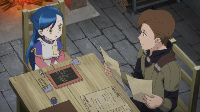 Ascendance of a Bookworm TV show screenshot 3: Otto and Myne sit at a table. Otto looks at formal documents. Myne practices math on a chalkboard.
