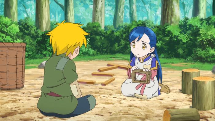 Ascendance of a Bookworm TV show screenshot 4: Myne and Lutz sit on the ground in a forest clearing. Myne looks confused. 
