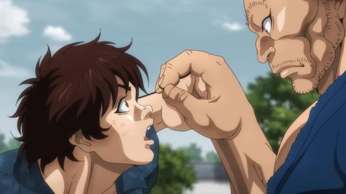 Baki-Dou: The Invincible Samurai TV show screenshot 1: Mushashi grabs Baki’s hand as he was about to punch him, stopping his punch