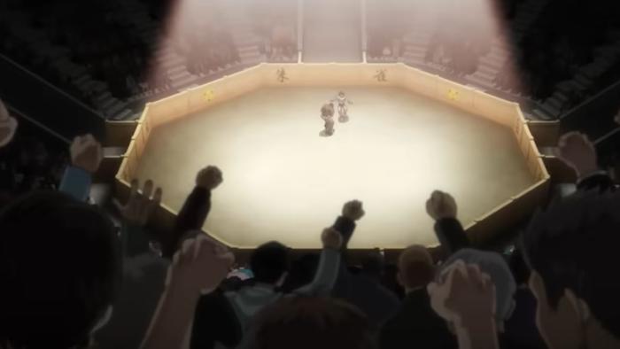 Baki-Dou: The Invincible Samurai TV show screenshot 2: A crowd surrounds two fighters in the arena, cheering for either side of the fight