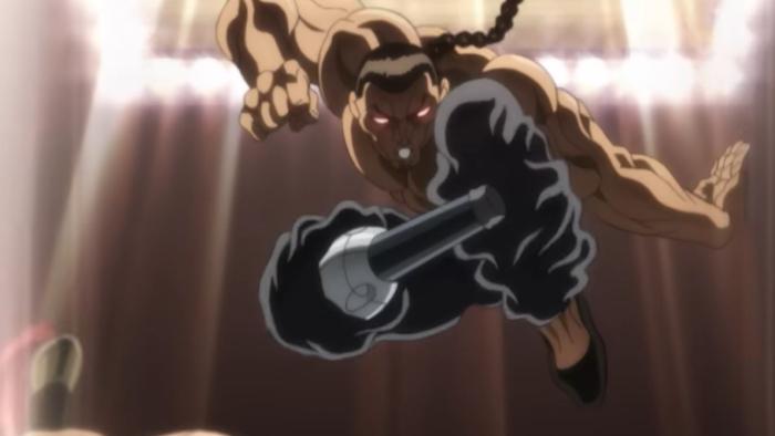 Baki-Dou: The Invincible Samurai TV show screenshot 3: Retsu leaps in the air with red eyes and gets ready to punch his opponent