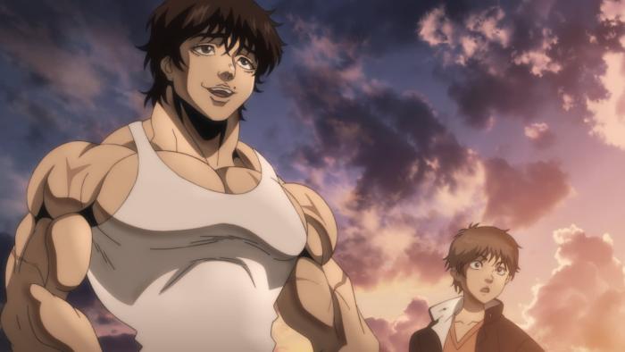 Baki Hanma TV show screenshot 1: Baki happily looks off-screen while a young boy looks in surprise in the same direction