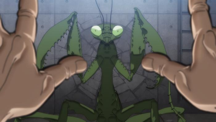Baki Hanma TV show screenshot 2: A pair of hands reaches out from first person point of view towards a giant mantis