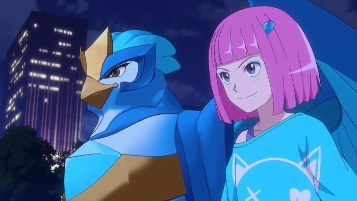 Bakugan TV show screenshot 3: Human white girl with pink hair Mia and her Bakugan pair Ventri, a blue avian type