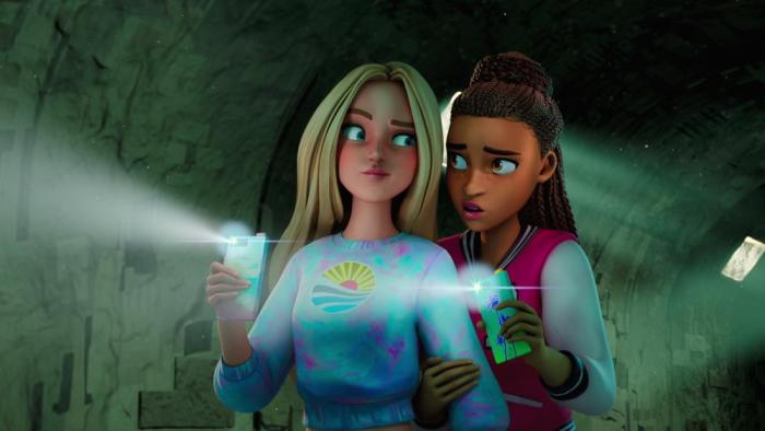 Barbie Mysteries the Great Horse Chase TV Show Screenshot 3: Malibu and Brooklyn use their phone flashlights in a spooky scene