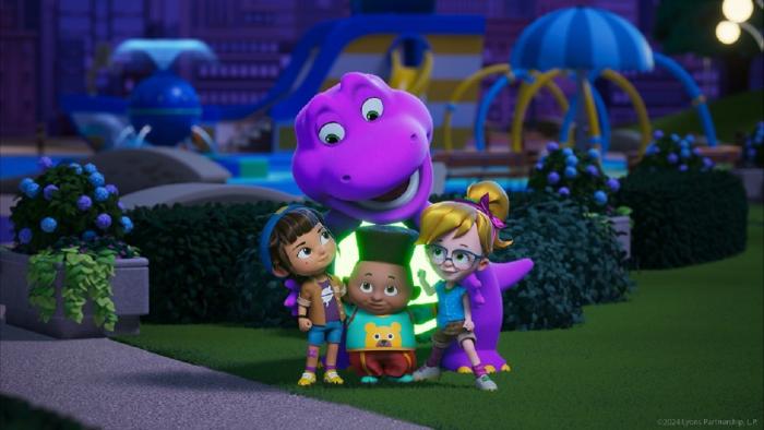 Barney's World TV Show: Barney the dinosaur hugs three kids- David, Mel and Vivie