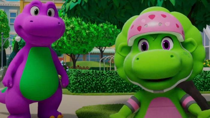 Barney's World TV Show: Barney watches Baby Bop go for a bike ride