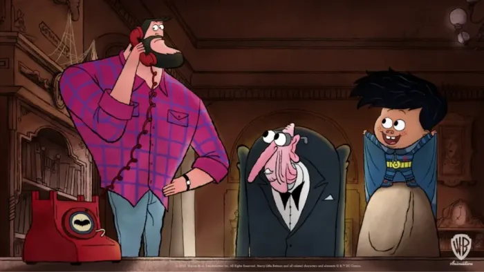 Bat-Fam TV Show: Bruce is on the phone, Damian and Alfred are nearby