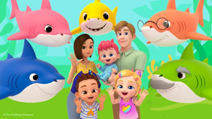 Bebefinn TV show screenshot #1: Bebefinn's family under the sea surrounded by friendly colorful sharks who are family of Baby Shark