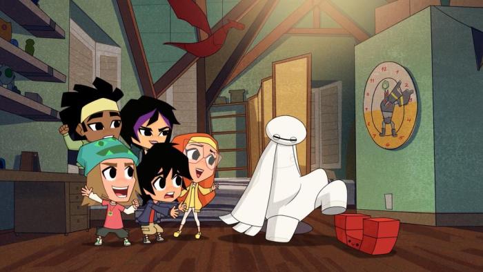 Big Hero 6 Shorts TV show screenshot: Animated kids watch Baymax fall indoors, in a colorful room.