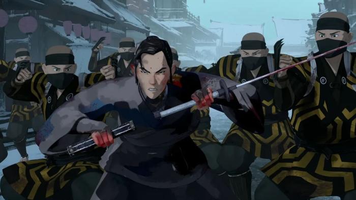 Blue Eye Samurai TV show screenshot 1: A samurai is seen taking their bloody sword out of its sheath and brandishing it to a group of deadly ninjas.