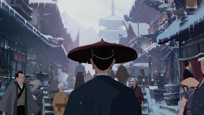 Blue Eye Samurai TV show screenshot 2: A samurai wearing a large hat and blue robes walks through a feudal Kyoto, Japan during a snowy winter. 