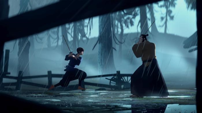 Blue Eye Samurai TV show screenshot 3: A teenage girl is seen training her swordsman skills in the forest with an older male samurai, they are practicing out in the rain. 