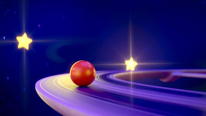 BooSnoo TV show screenshot: A CGI image of a red ball sliding along a Saturn-like ring with two stars shining in the sky.