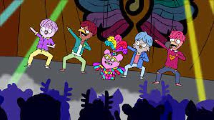 Bird K-Pop band Superflock dance on stage. 